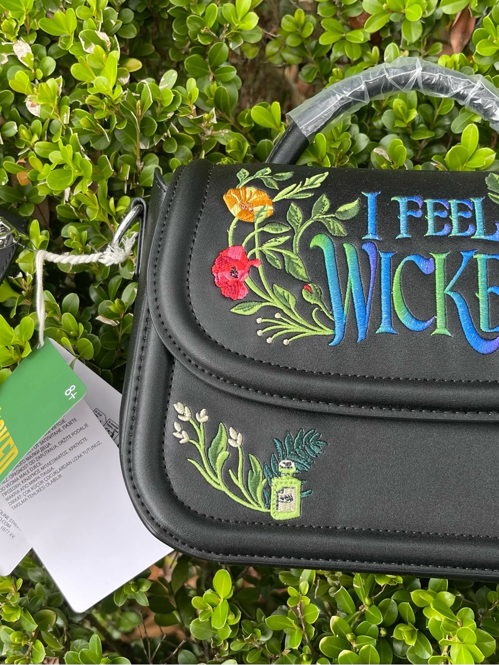 Loungefly Black 'I Feel Wicked' Embroidered Floral Shoulder Bag NWT